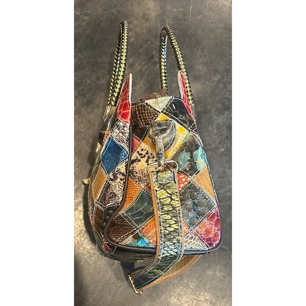Vintage Leather Snake Blocks Patchwork Handbag Satchel Tote Shoulder Bag